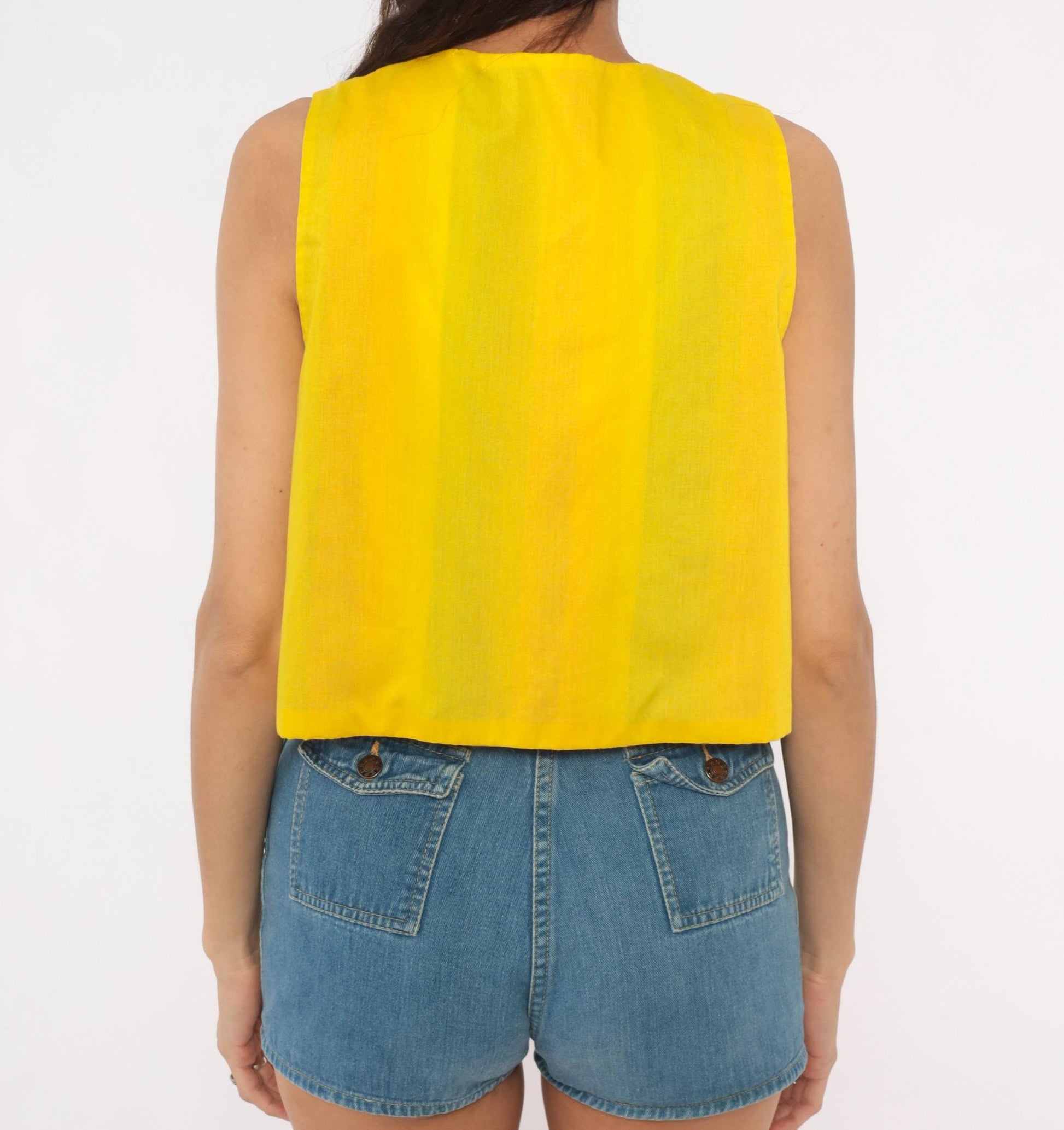 80s Rainbow Stripe Cotton Vest Reversible Yellow Lined Cropped Waistcoat Small