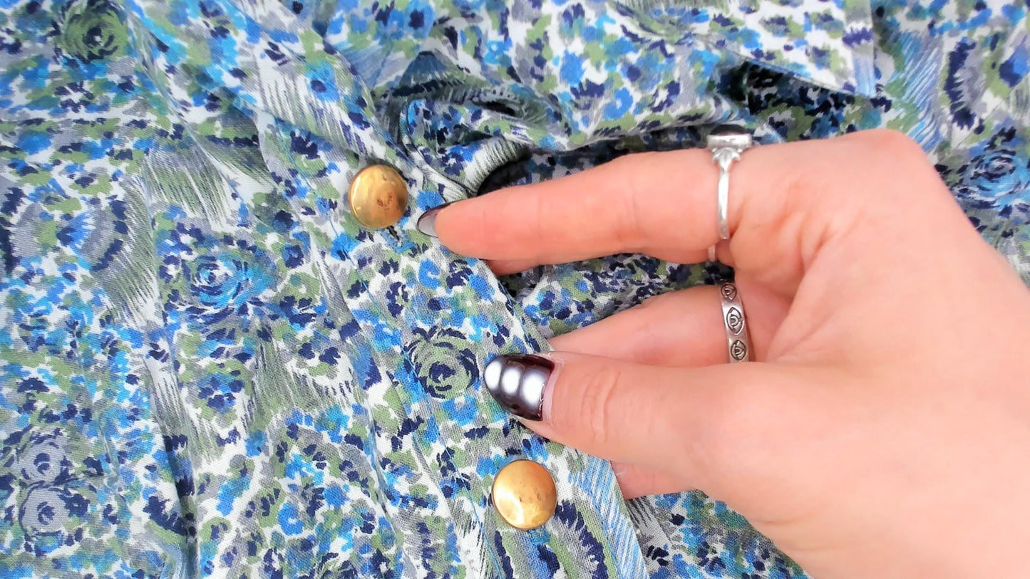 60s Penneys Brentwood Paisley Floral Shirtdress Blue Green Cotton Knee XS