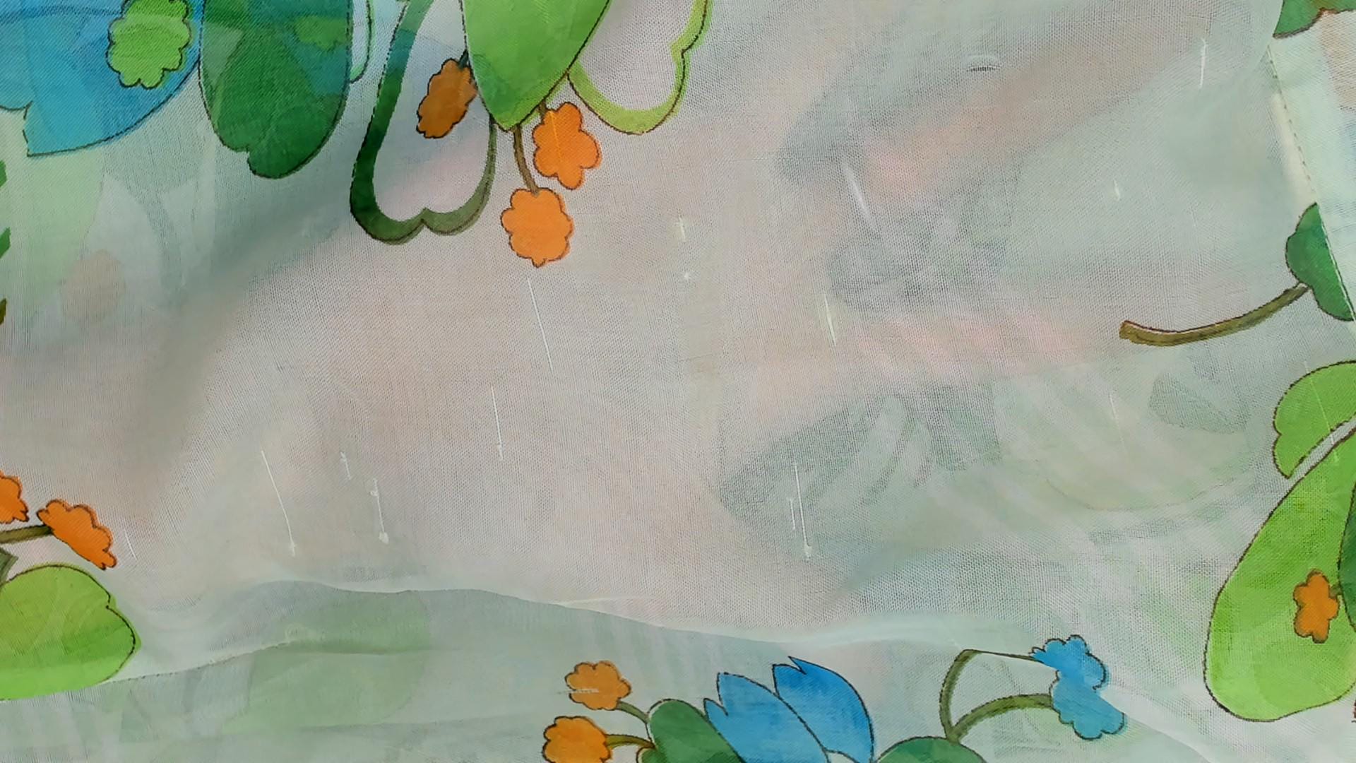 70s Nobel Floral Button-Up Blouse Mint Green Blue Orange Pointed Collar Small