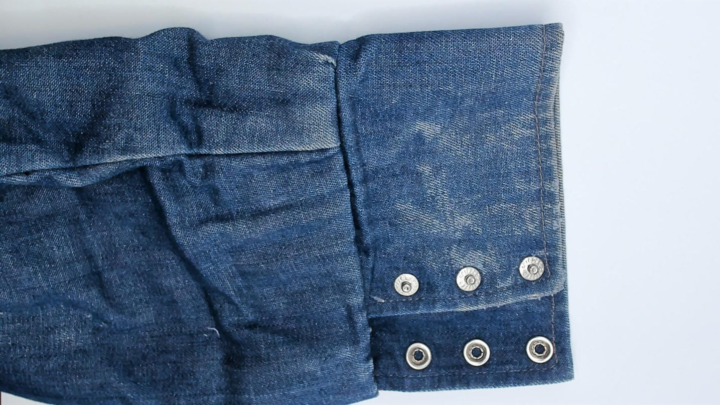 80s JC Penney Western Denim Shirt Cobalt Blue Pearl Snap Yoke Medium
