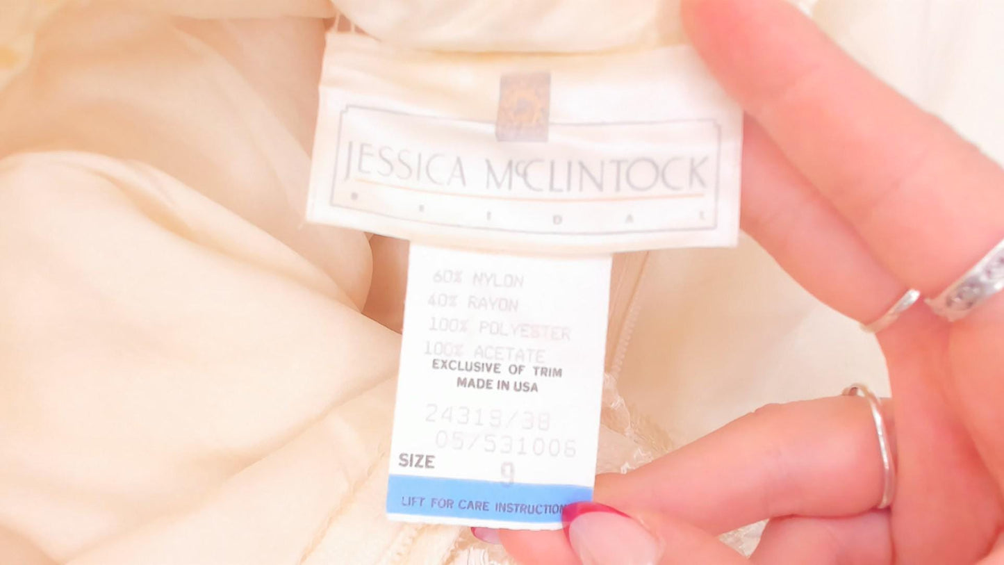 80s Jessica Mclintock Cream Lace Mermaid Wedding Dress High Neck Satin Bib Medium M