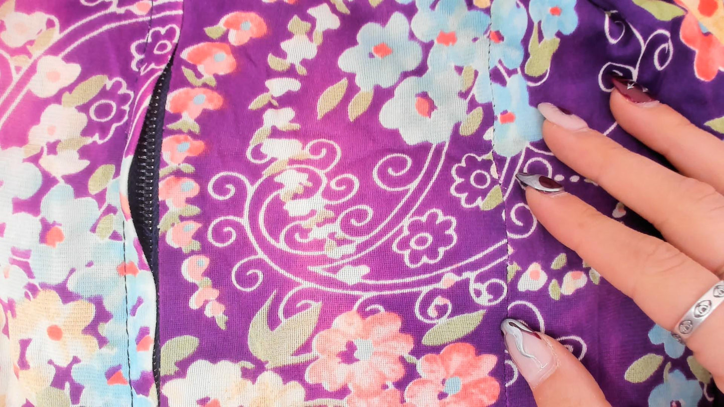 70s Purple Floral Cheongsam Mini Dress Mandarin Collar Frog Closure XS