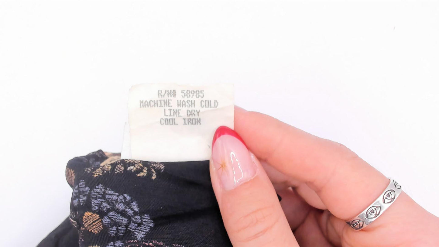 90s Clio Japanese Fan Floral Camp Collar Blouse Black Gold Rayon Large L
