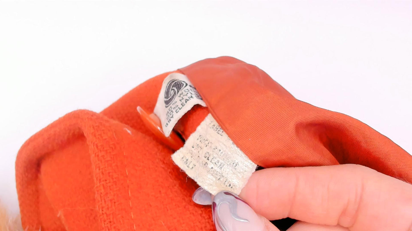 70s Burnt Orange Wool Coat Faux Fur Collar Belted Knee-Length Small
