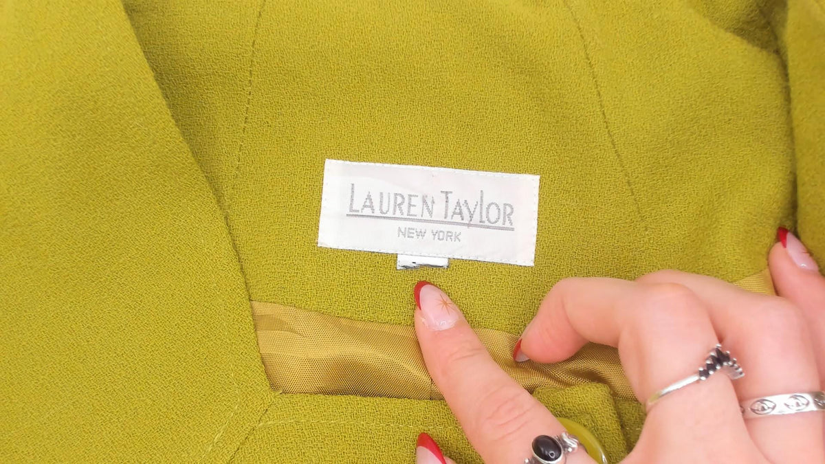 80s Lauren Taylor Wool Coat Dress Olive Green Gold Buttons Power Dressing Large L