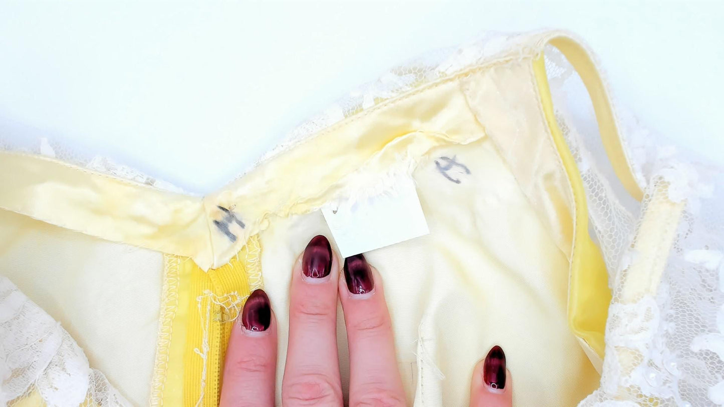 70s Yellow Chiffon Maxi Dress White Lace Overlay Empire Waist V Neck Extra Small XS