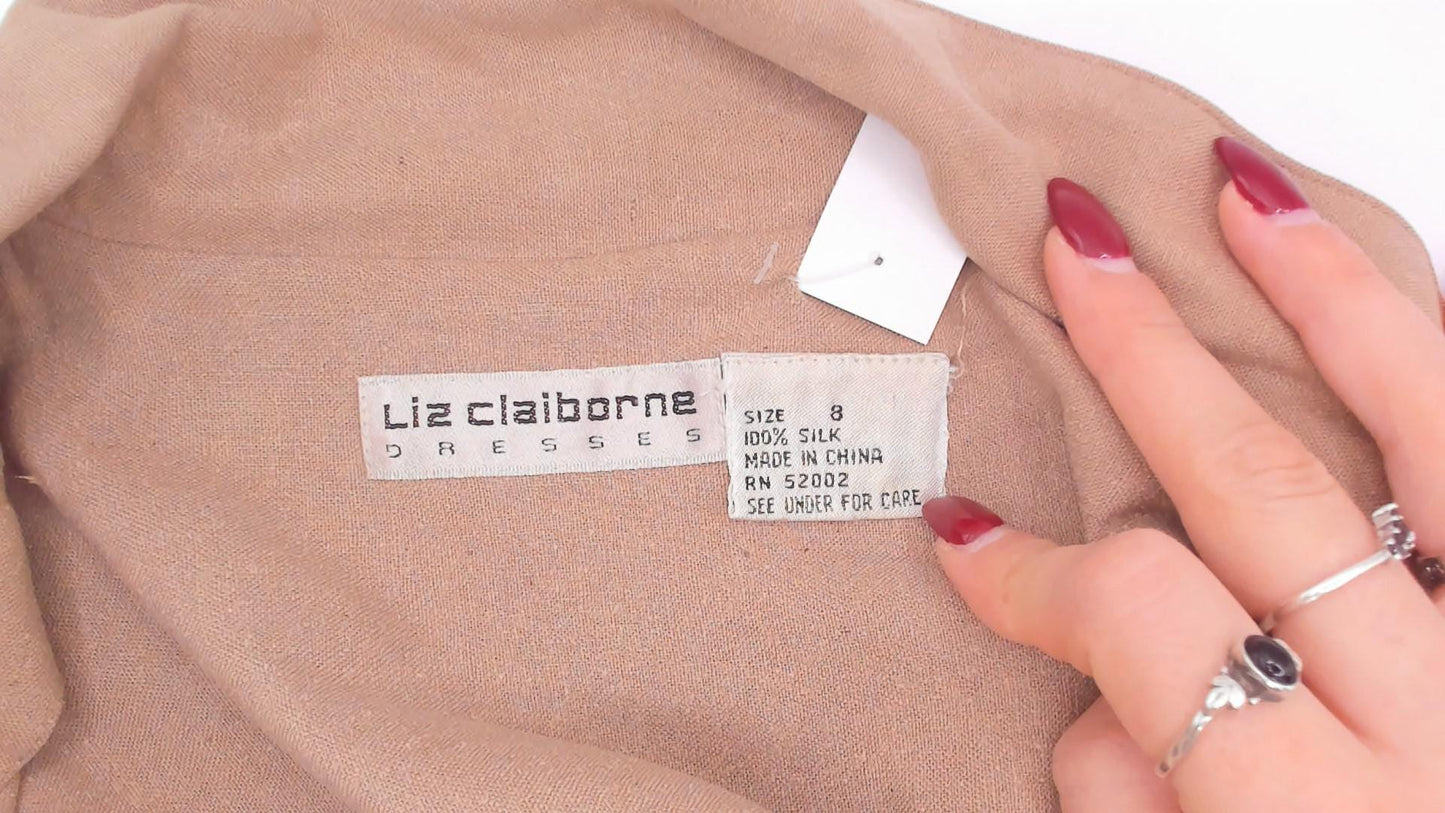 90s Liz Claiborne Silk Maxi Shirt Dress Tan Camp Collar Pleated Medium M