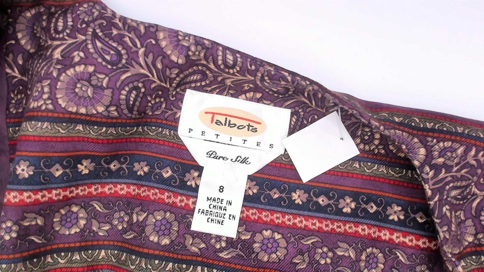 90s Talbots Paisley Silk Vest V-Neck Plum Navy Jacquard Medium M