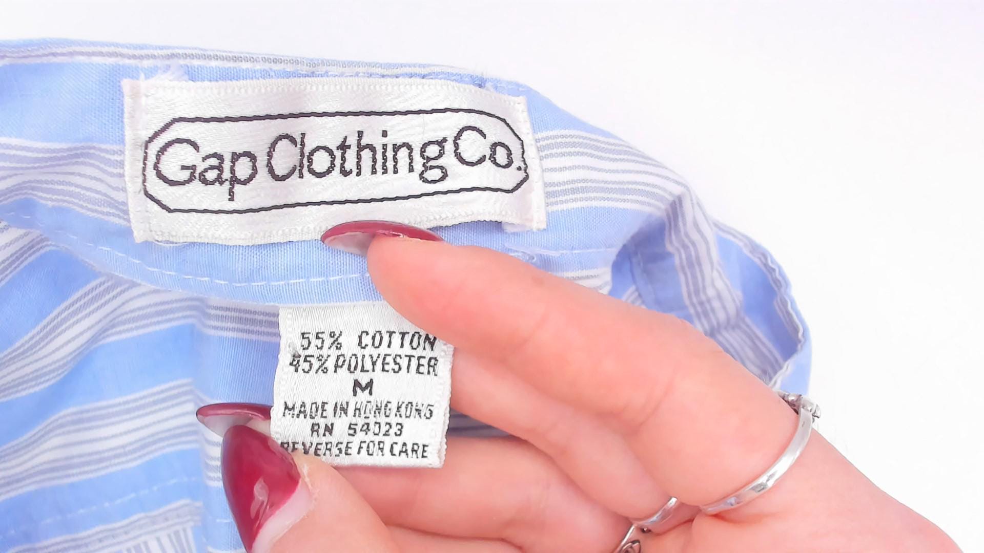 90s Gap Blue White Striped Shirt Band Collar Cotton Blouse Medium M