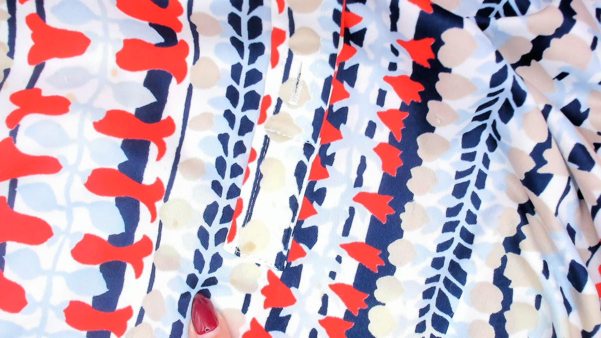 70s Cricket Lane Mandarin Collar Blouse Red Navy Leaf Print Medium