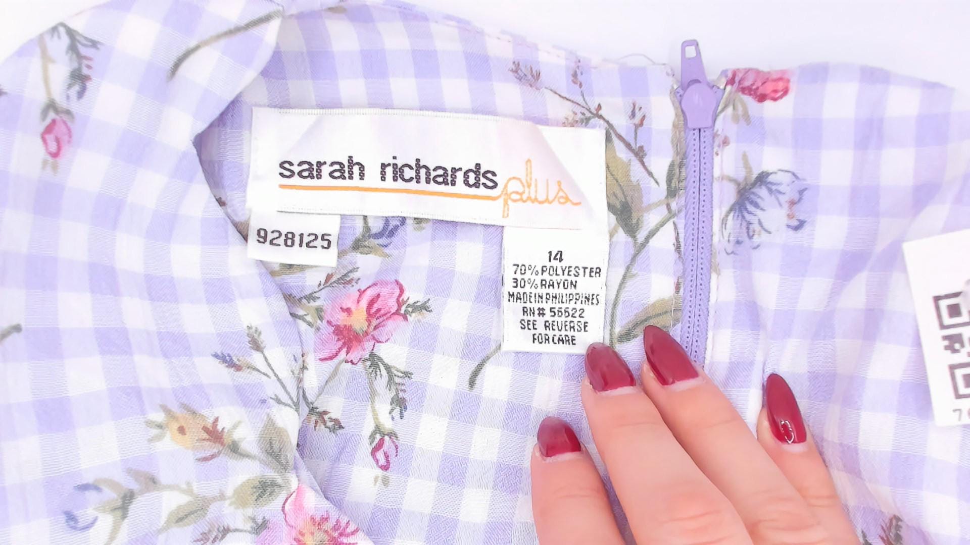 90s Sarah Richards Plus Lavender Gingham Floral Dress Flutter Sleeve A-Line Extra Large XXL