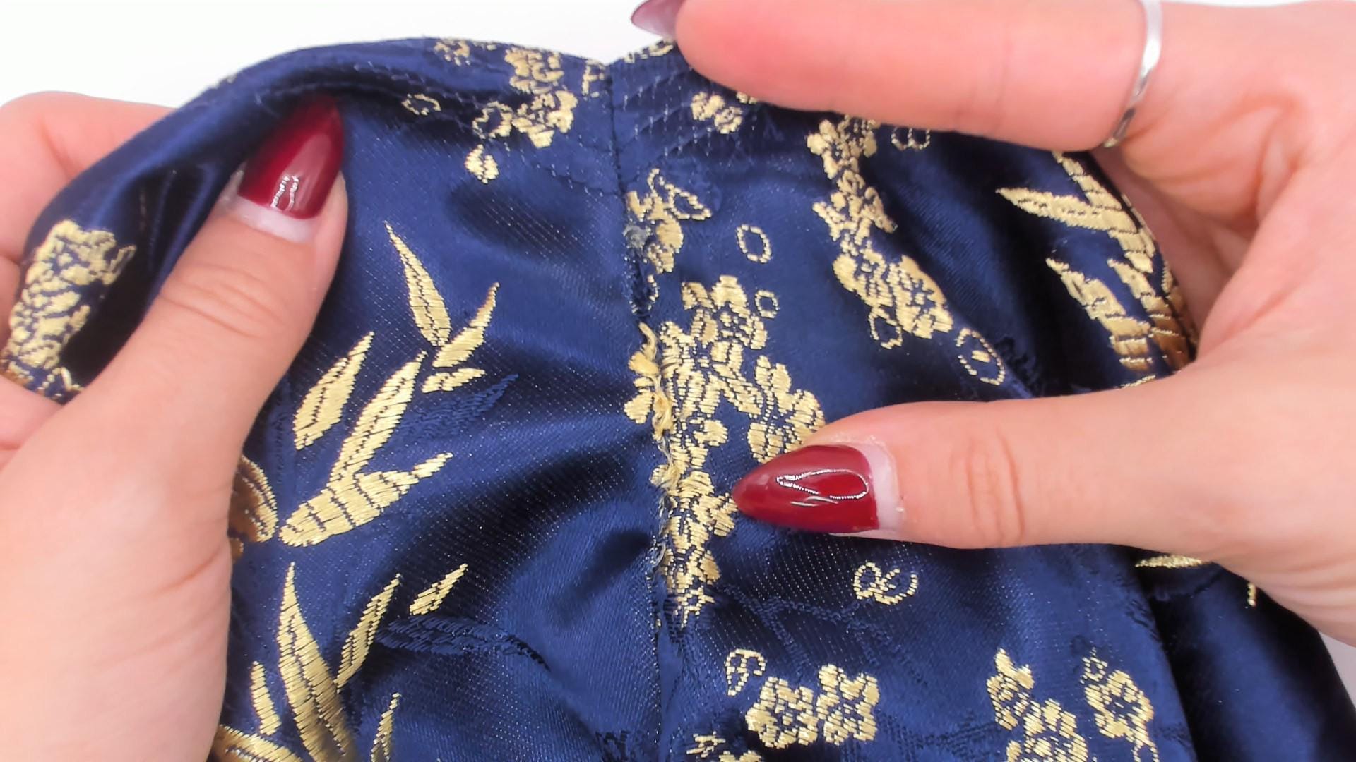 90s Navy Silk Cheongsam Vest Gold Bamboo Brocade Mandarin Collar Small S