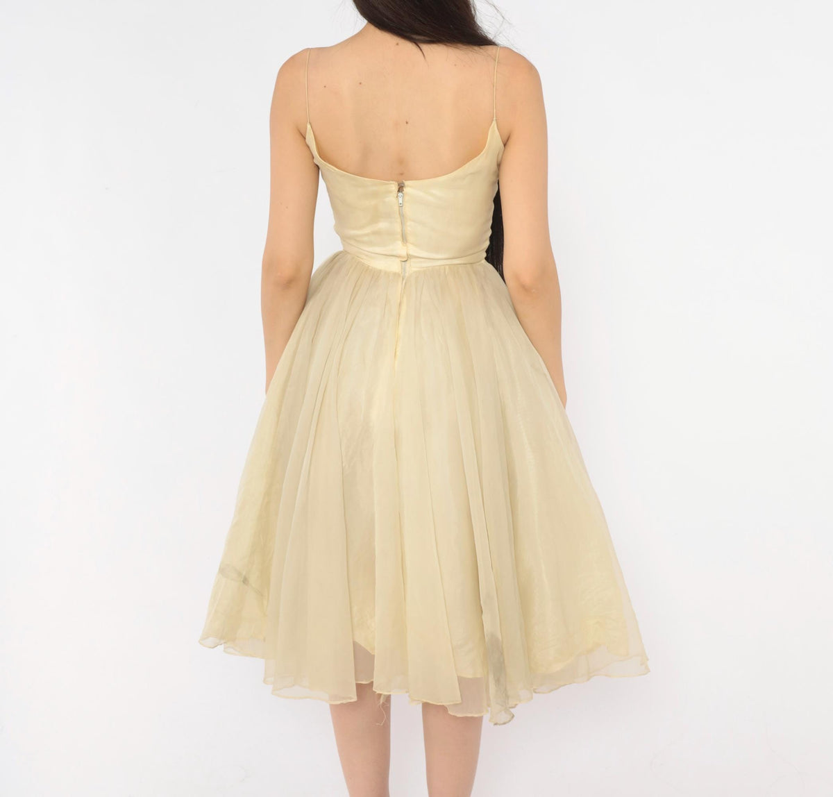 1950s Cream Sequin Floral Party Dress Full Skirt Chiffon Extra Small XS