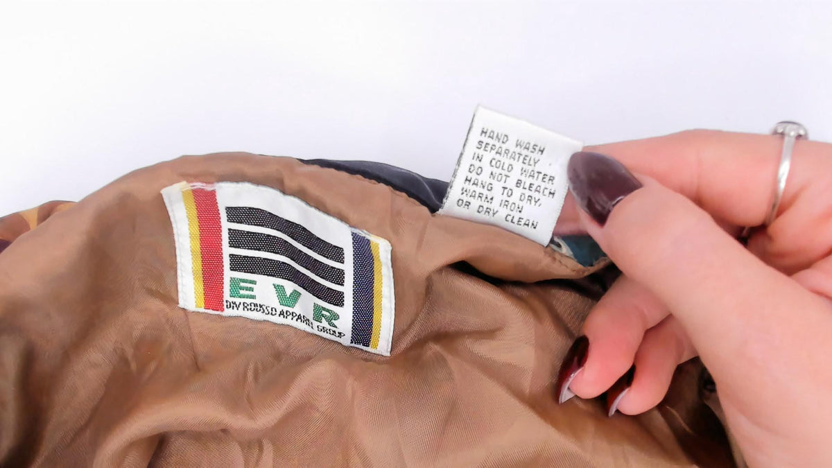 90s EVR Silk Bomber Jacket Tan Patchwork Leaf Print Unisex Large L