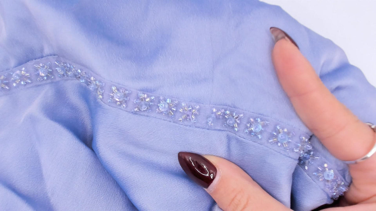 90s Michaelangelo Periwinkle Maxi Dress Empire Waist Beaded V Neck Small