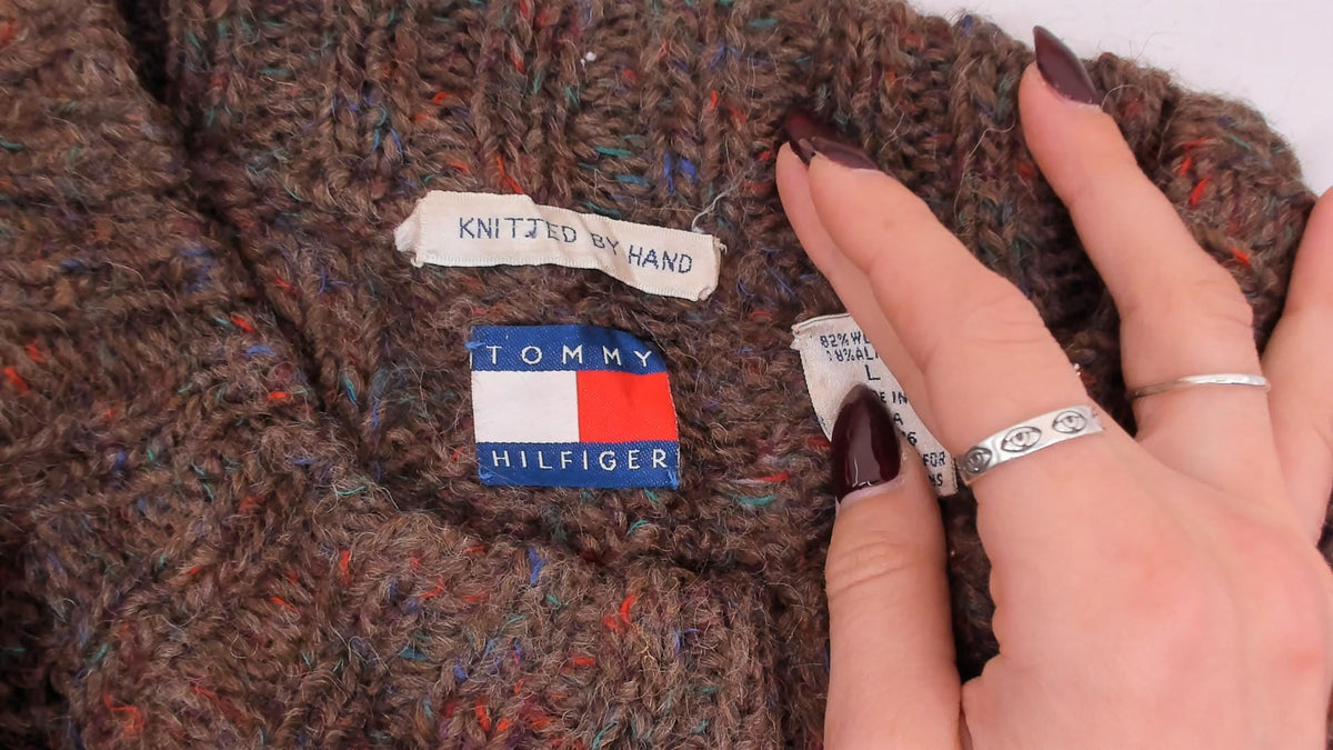 Tommy Hilfiger 90s Cable Knit Wool Sweater Brown Speckled Large