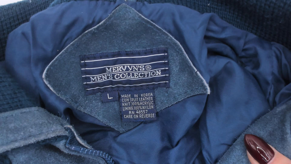 80s Mervyn's Navy Blue Suede Leather Cardigan Knit Zip Jacket Large