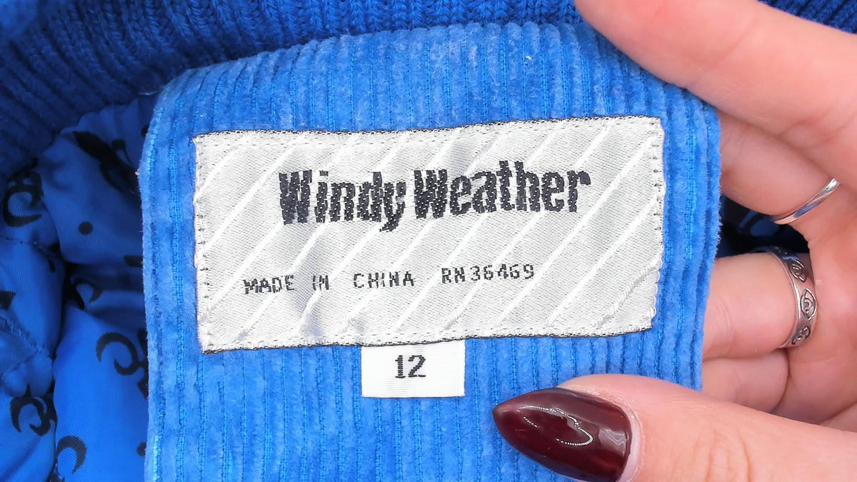 80s Windy Weather Corduroy Coat Blue Zip Front Stand Collar Large L