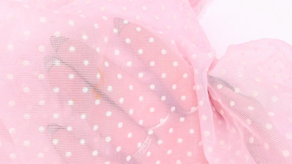 70s Pink Swiss Dot Midi Party Dress Ruffle Neckline Lace Trim XXS