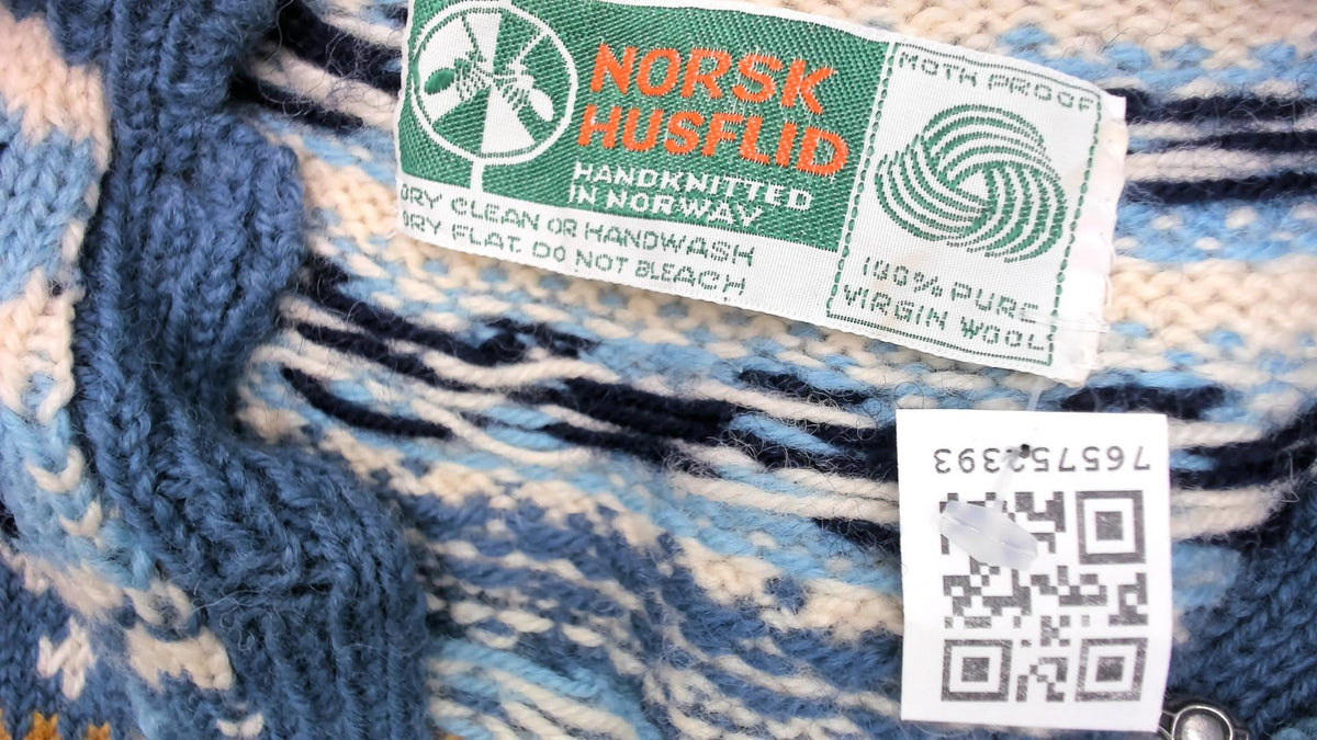 70s Norsk Husflid Fair Isle Wool Cardigan Blue Cream Nordic Knit Small