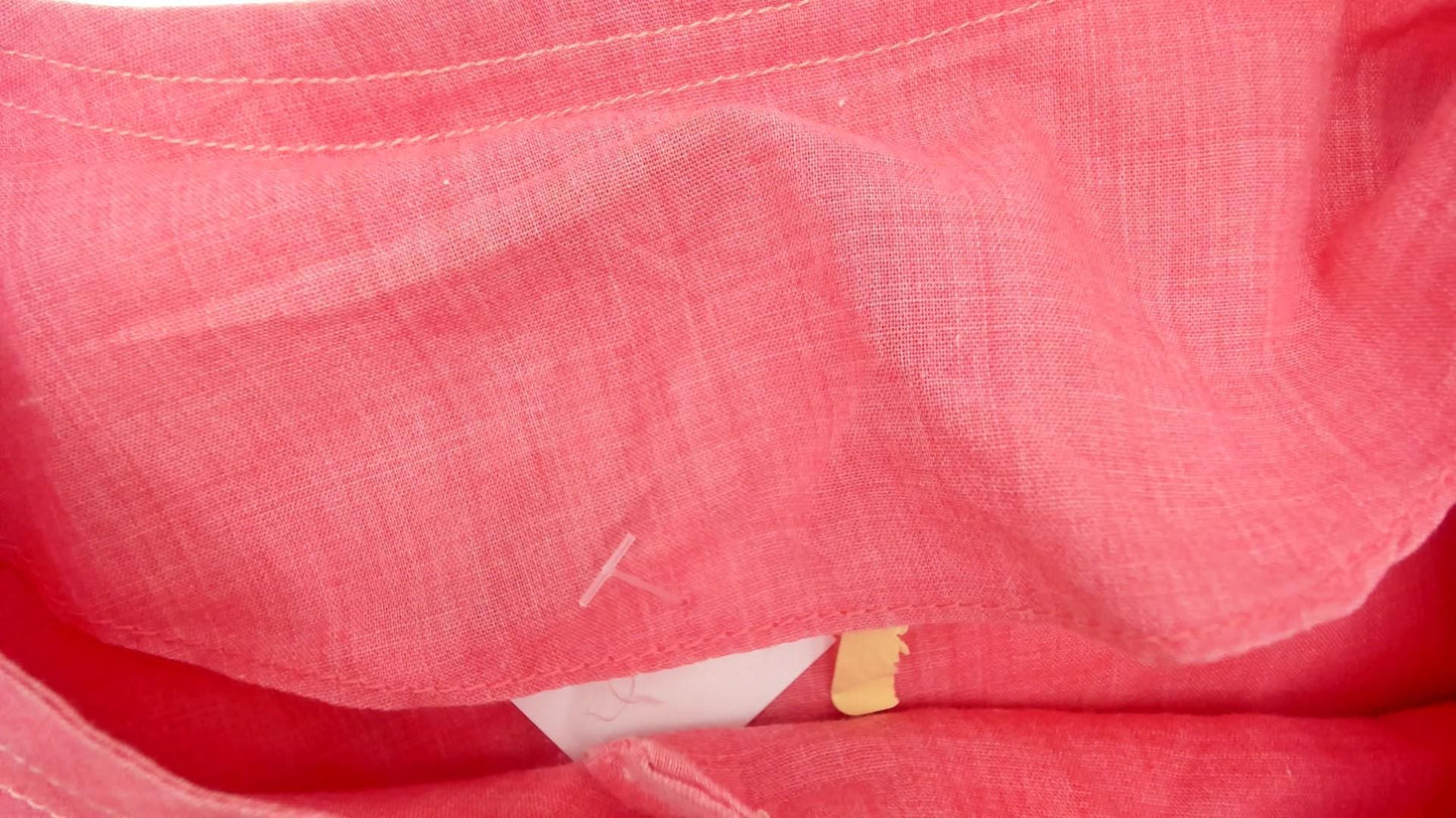 70s Coral Pink Cotton Day Dress Button Front Gathered Skirt Pockets Medium Large