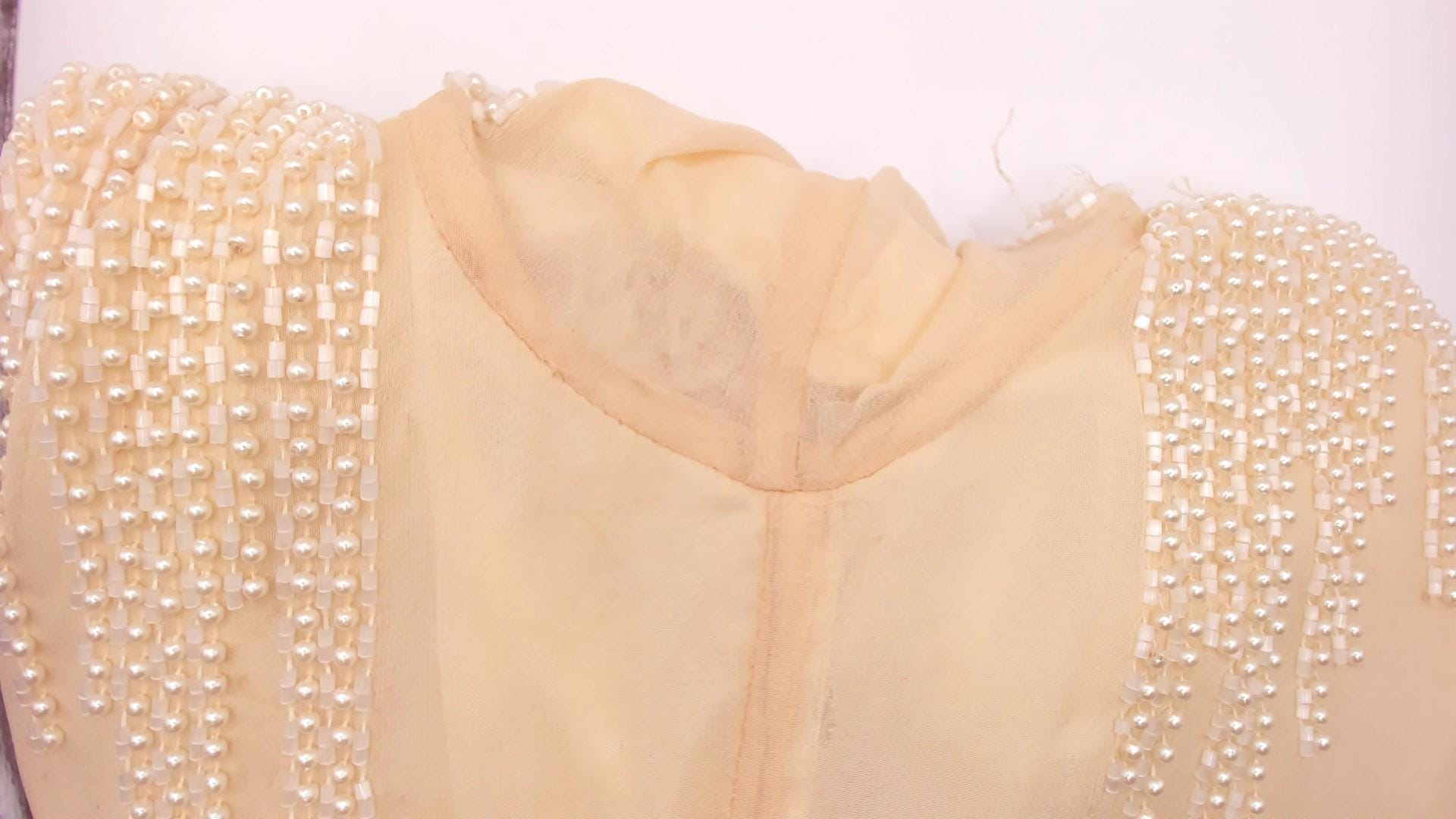 80s Sho Max Originals Silk Dress Beaded Drop Waist Cream Medium M