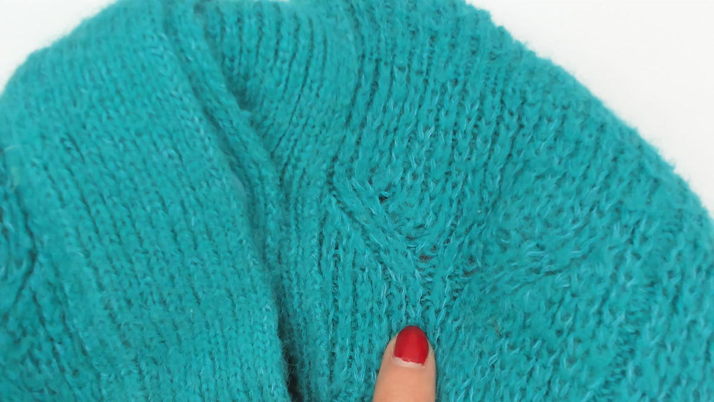 90s Astri Teal Mohair Cardigan Leaf Cable Knit Bomber Medium M