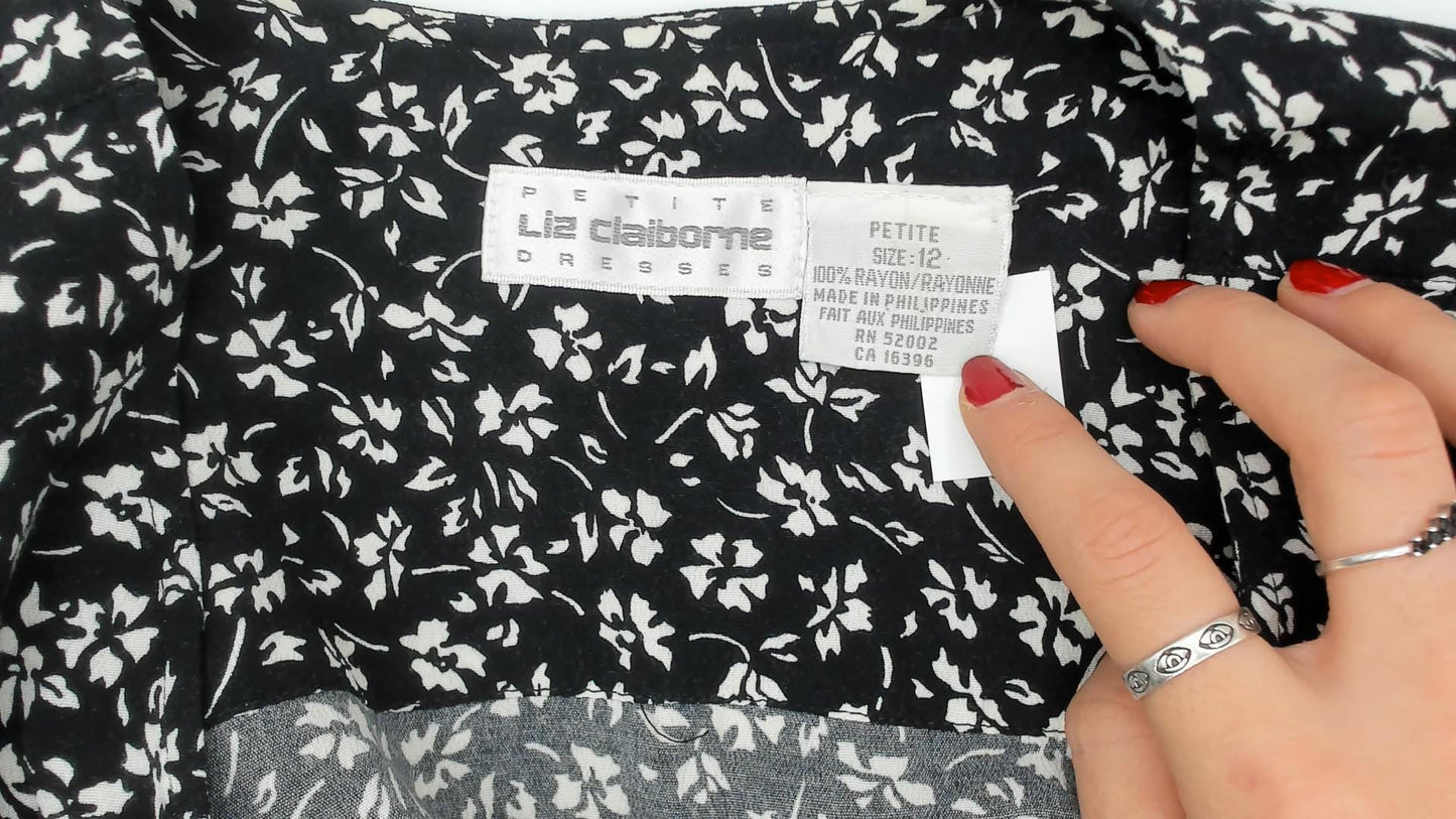 90s Liz Claiborne Black White Floral Midi Dress Double Breasted Large L