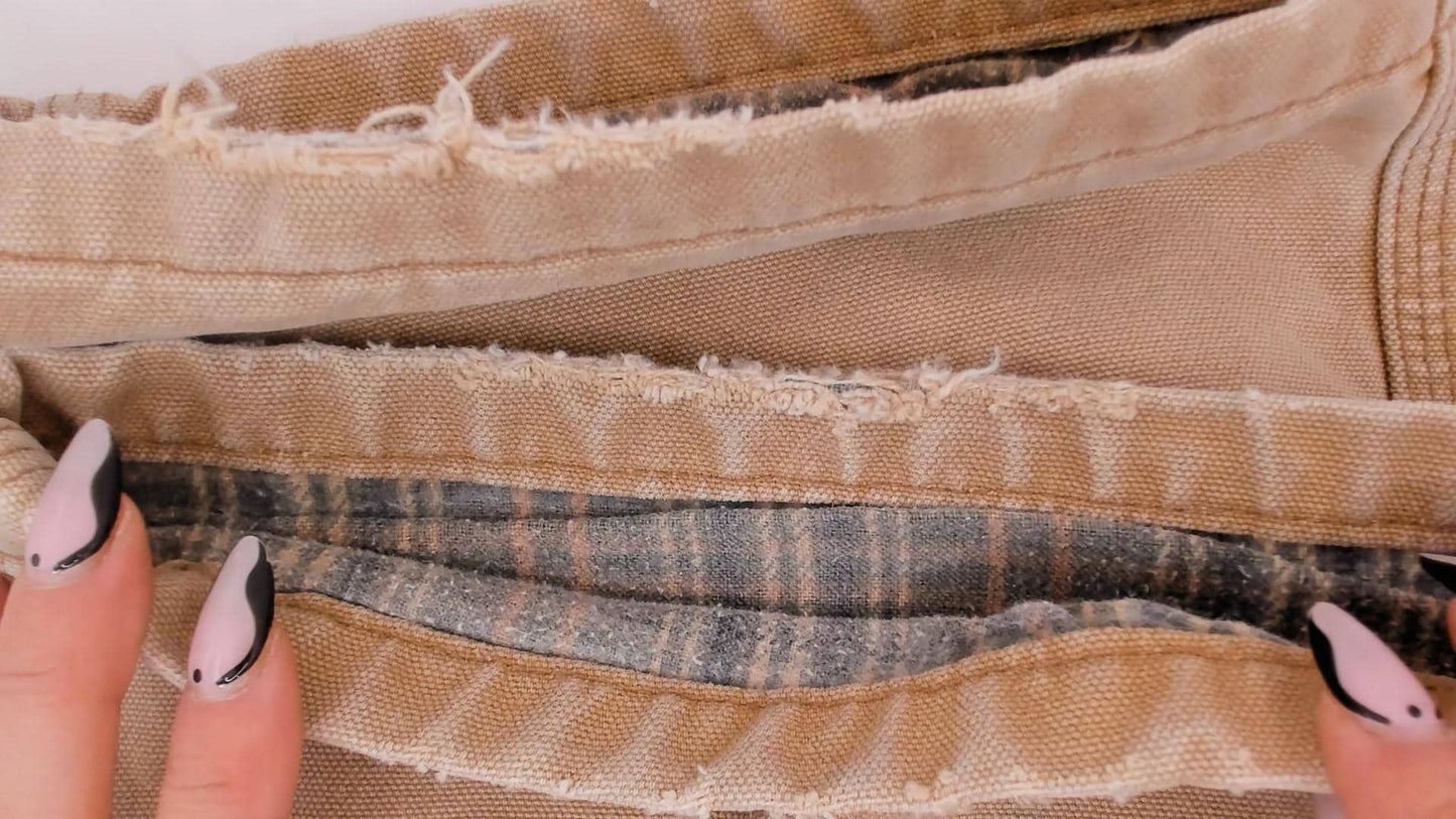 Carhartt Carpenter Pants Flannel Lined Canvas Straight Leg Tan Distressed Extra Large XL