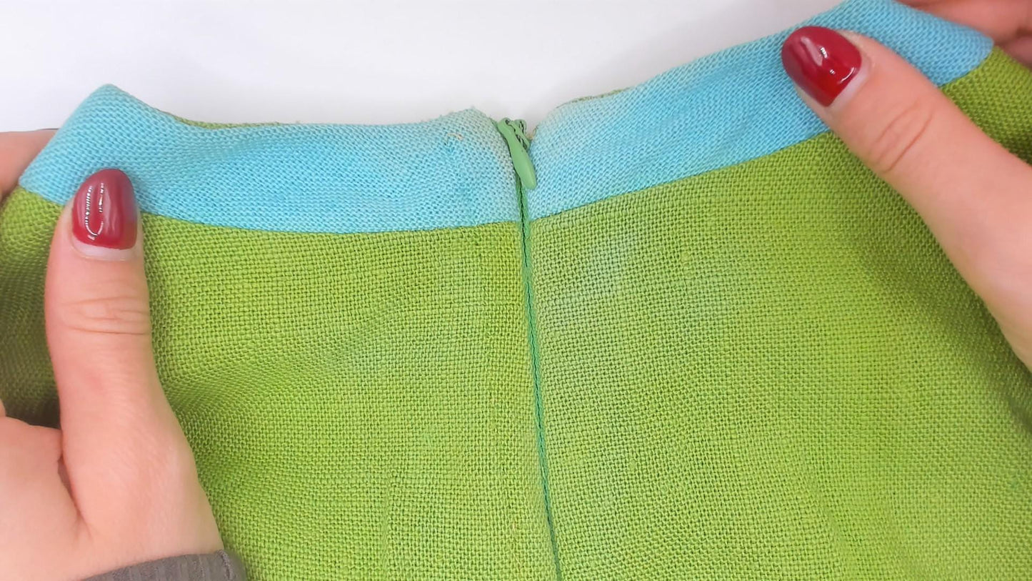 60s Mod Shift Dress Lime Green Aqua Trim Cotton Mini A-Line Extra Small XS