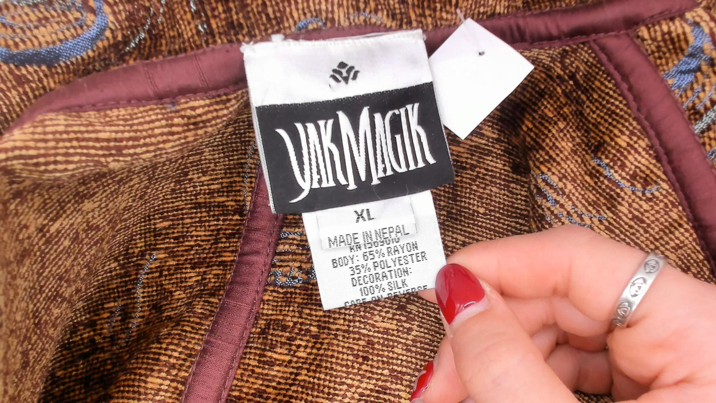 2000s Yak Magik Tapestry Blazer Woven Spiral Jacquard Blue Green Brown Extra Large XXL
