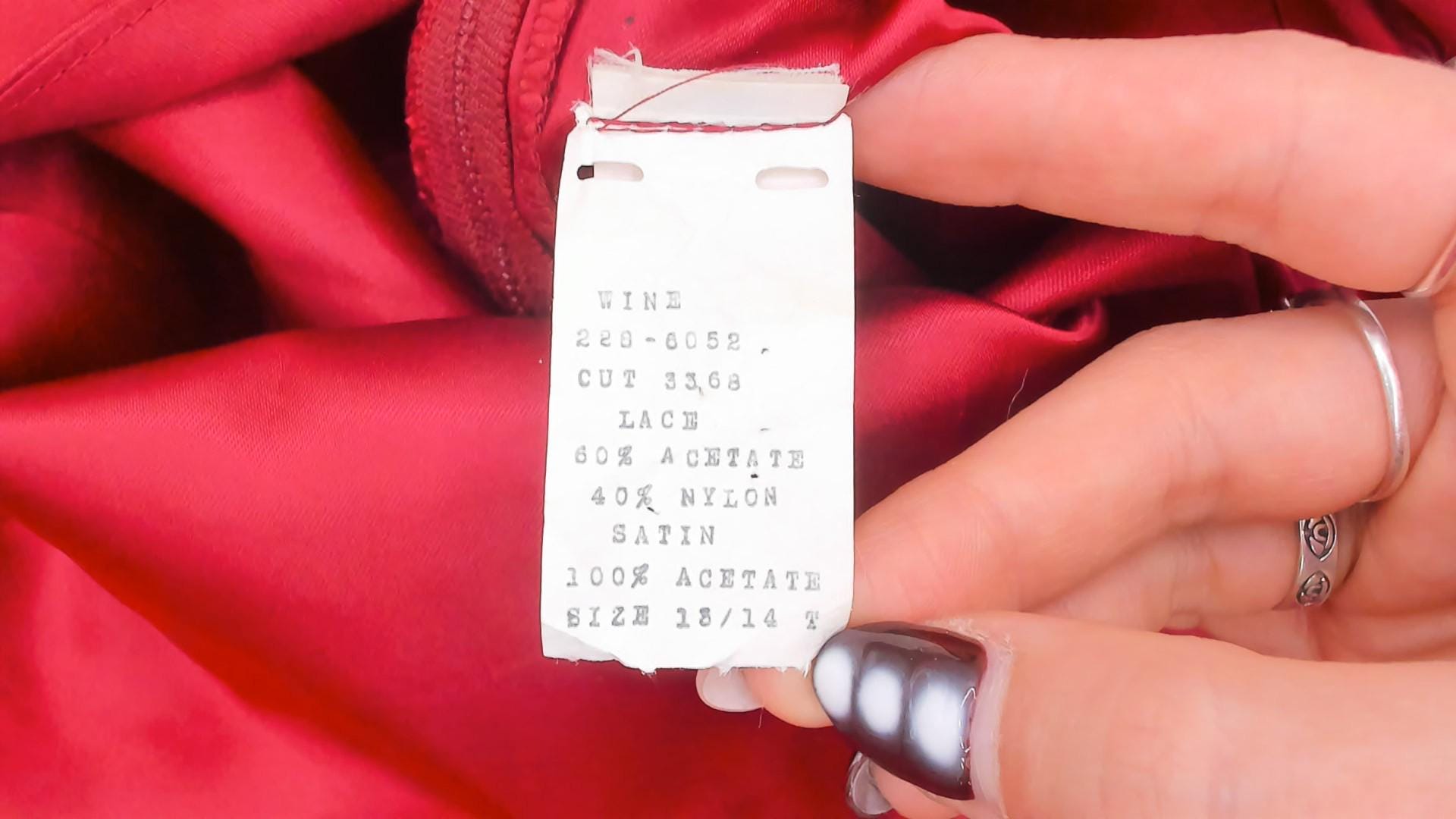 80s Burgundy Satin Slip Dress Mermaid Lace Hem V Neck Low Back Large L