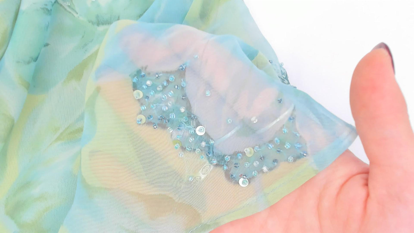 90s Plaza South Floral Chiffon Maxi Dress Aqua Lime Sequin V-Neck Extra Large XXL