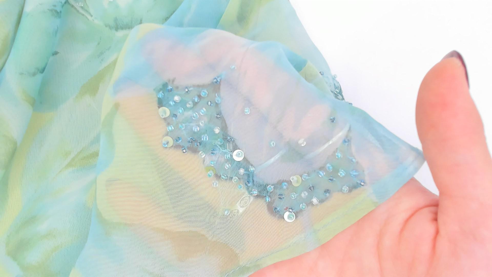 90s Plaza South Floral Chiffon Maxi Dress Aqua Lime Sequin V-Neck Extra Large XXL