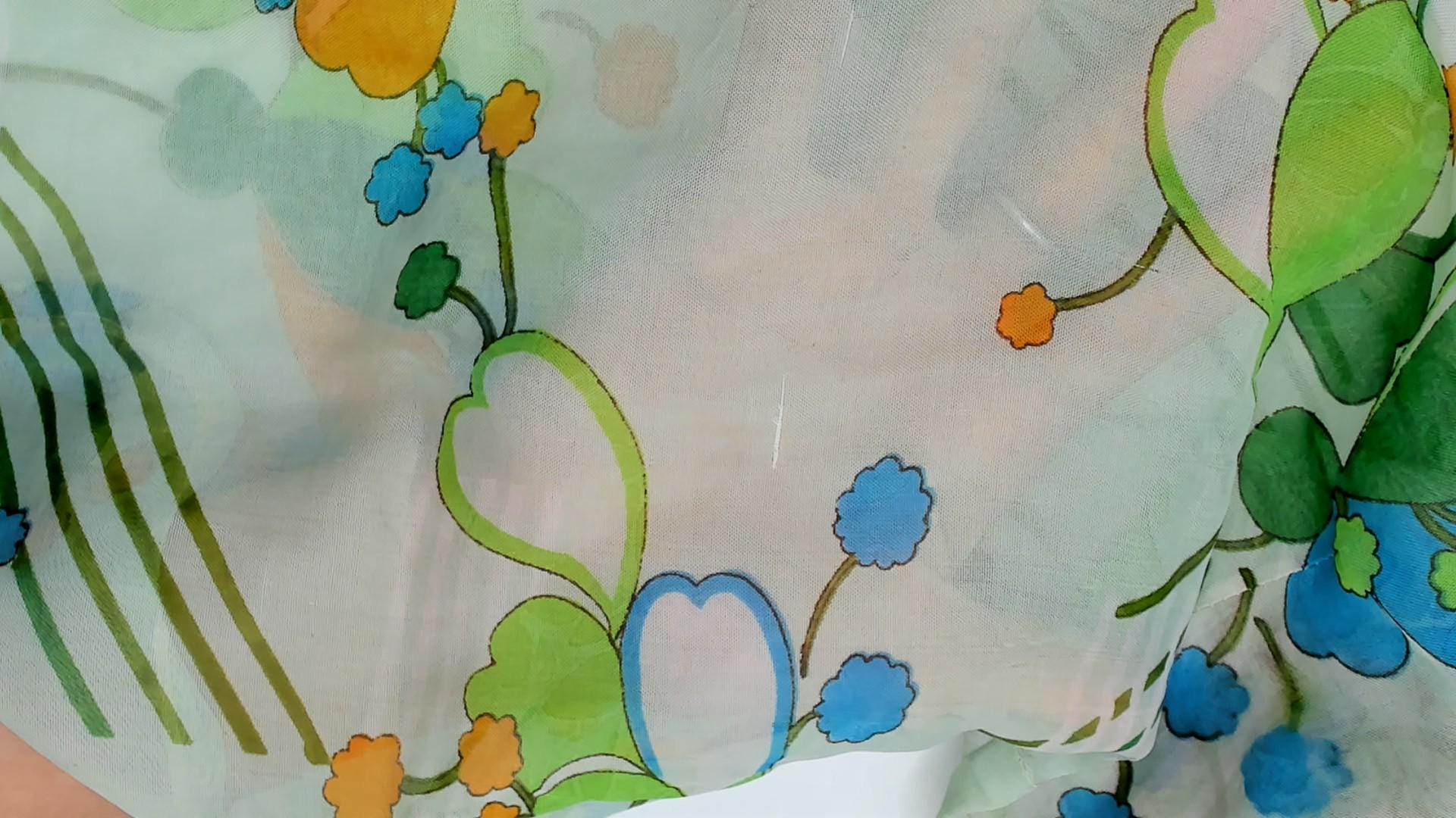 70s Nobel Floral Button-Up Blouse Mint Green Blue Orange Pointed Collar Small
