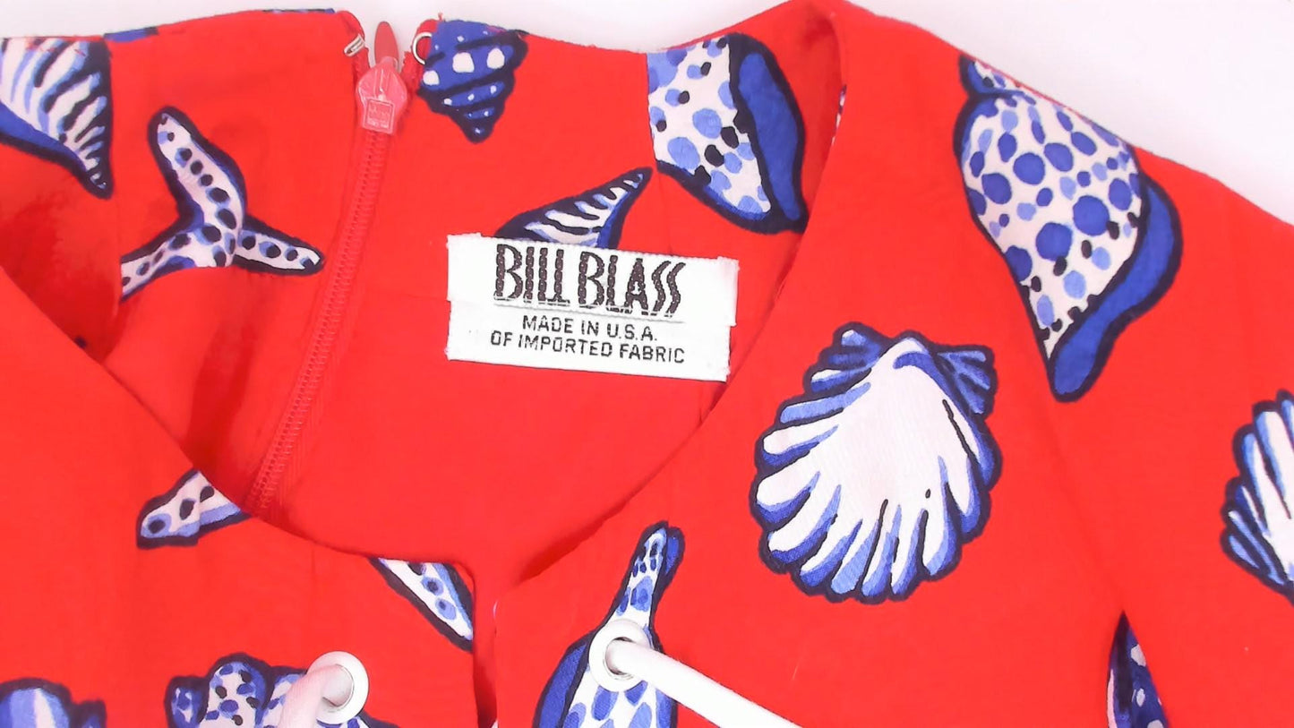 70s Bill Blass Seashell Starfish Print Shift Dress Red Cotton Lace-Up Large L