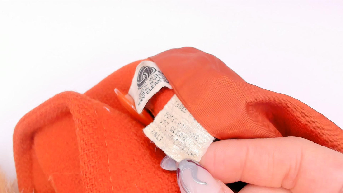 70s Burnt Orange Wool Coat Faux Fur Collar Belted Knee-Length Small