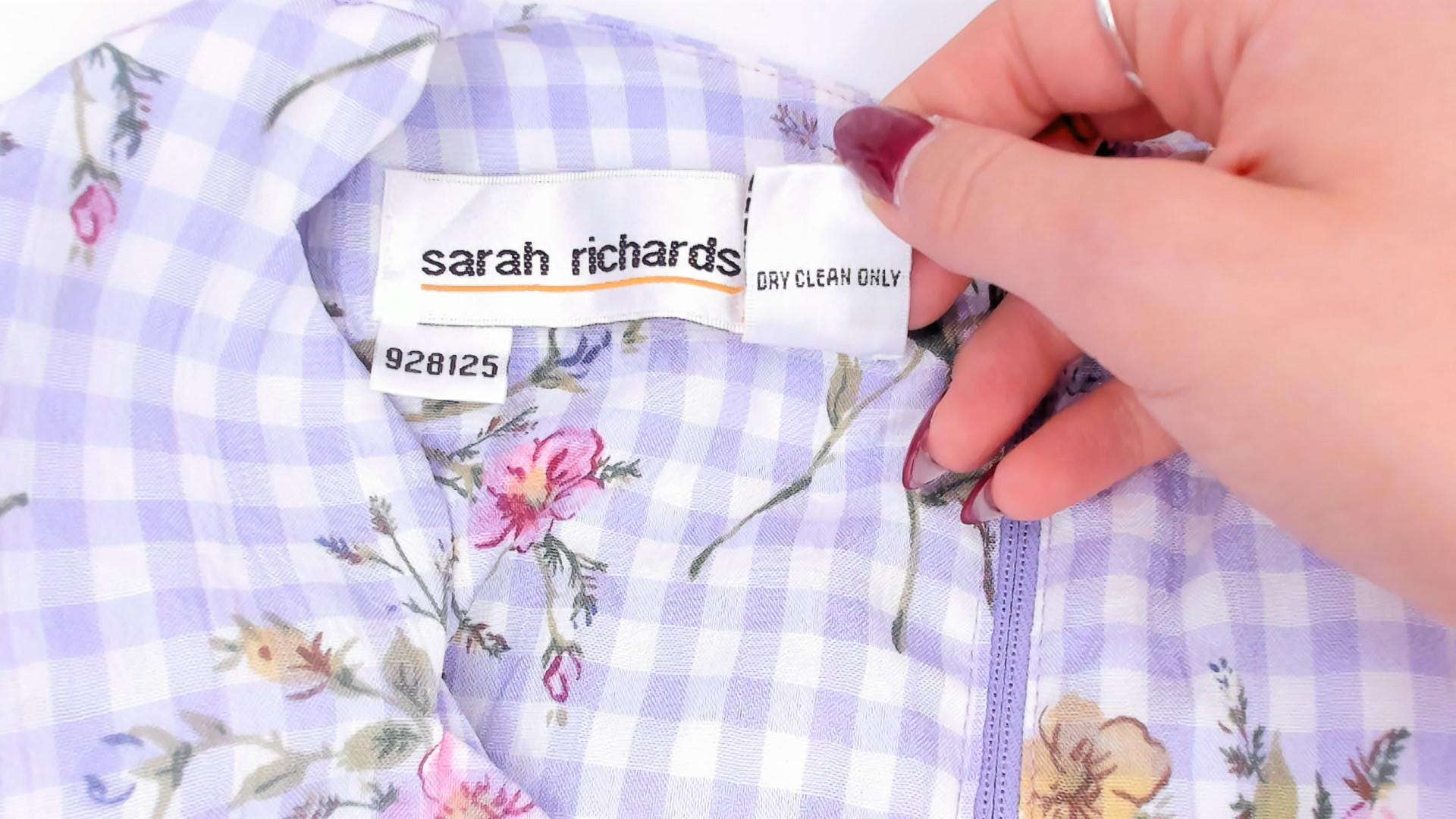 90s Sarah Richards Plus Lavender Gingham Floral Dress Flutter Sleeve A-Line Extra Large XXL