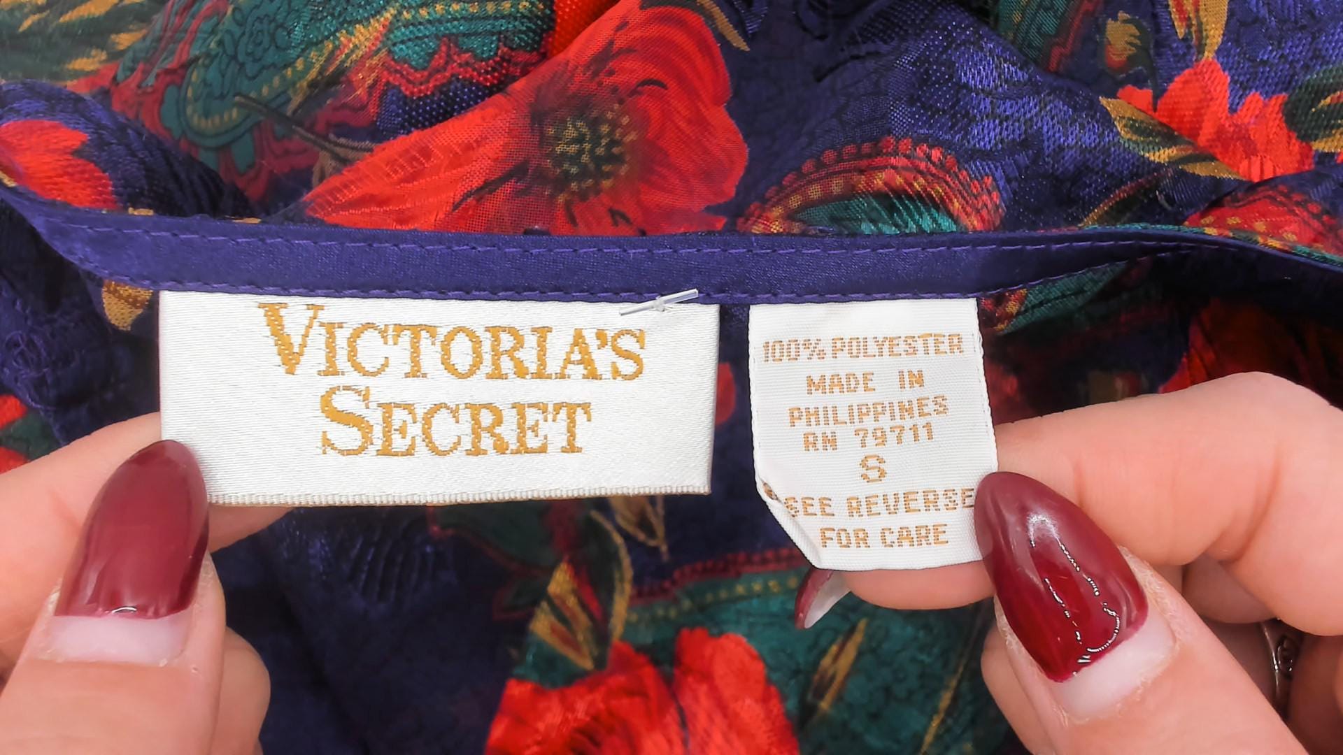 90s Victoria's Secret Sheer Robe Navy Red Floral Bell Sleeve Button Front Medium