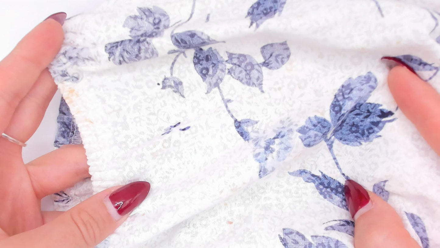 80s Liberty House Blue Floral Toile Cotton Dress V-Neck Puff Sleeve Extra Small XS