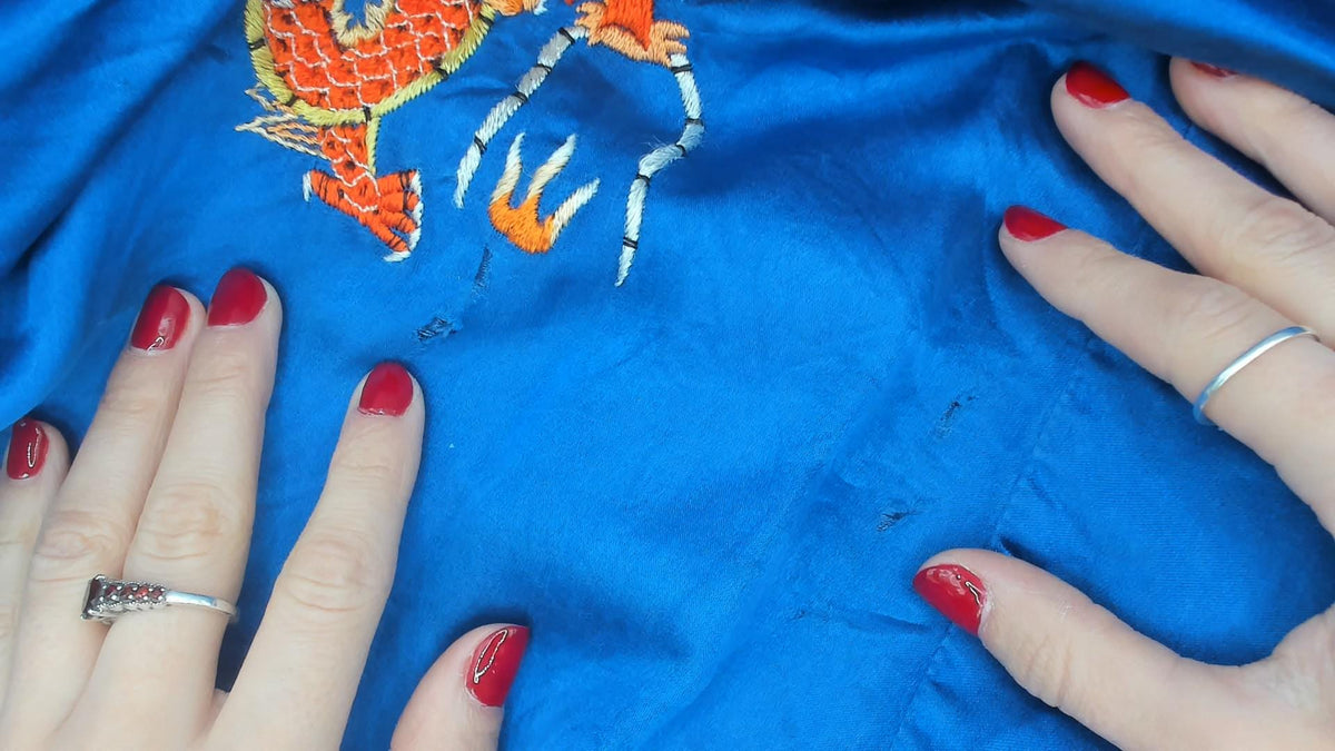 90s Golden Deer Silk Kimono Robe Cobalt Blue Dragon Embroidered Medium