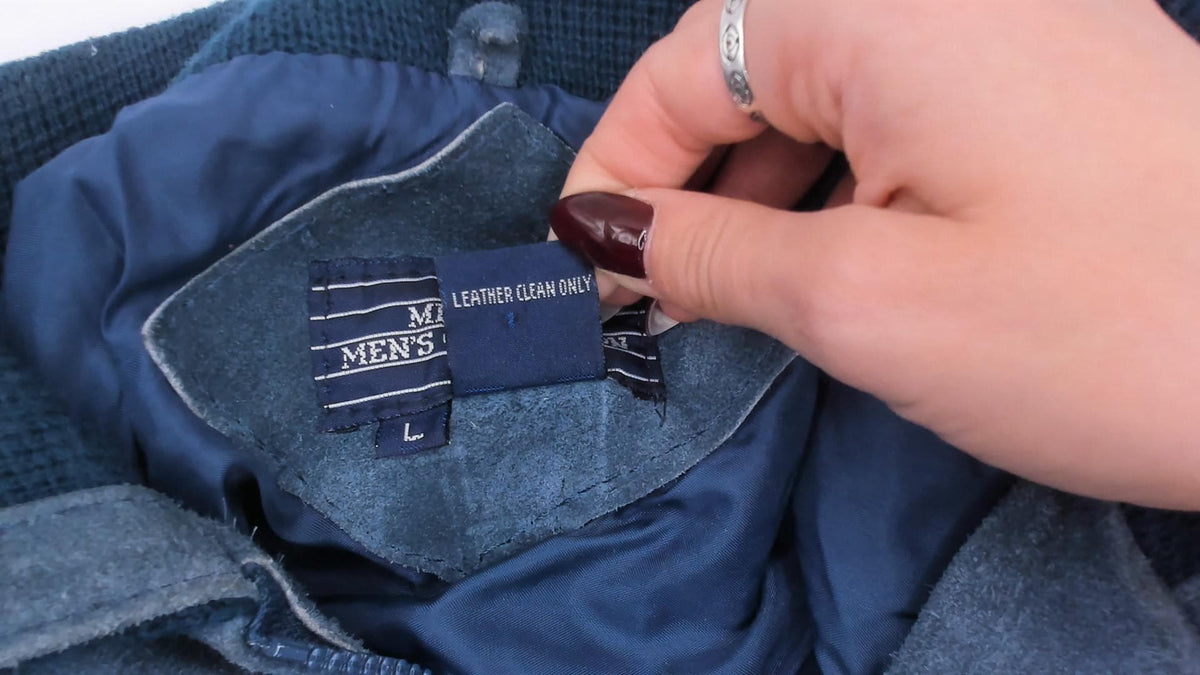 80s Mervyn's Navy Blue Suede Leather Cardigan Knit Zip Jacket Large