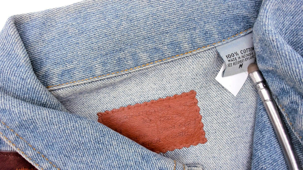 90s Petra C. Wall Denim Jacket Western Leather Cowboy Horse Patchwork Light Blue Medium M