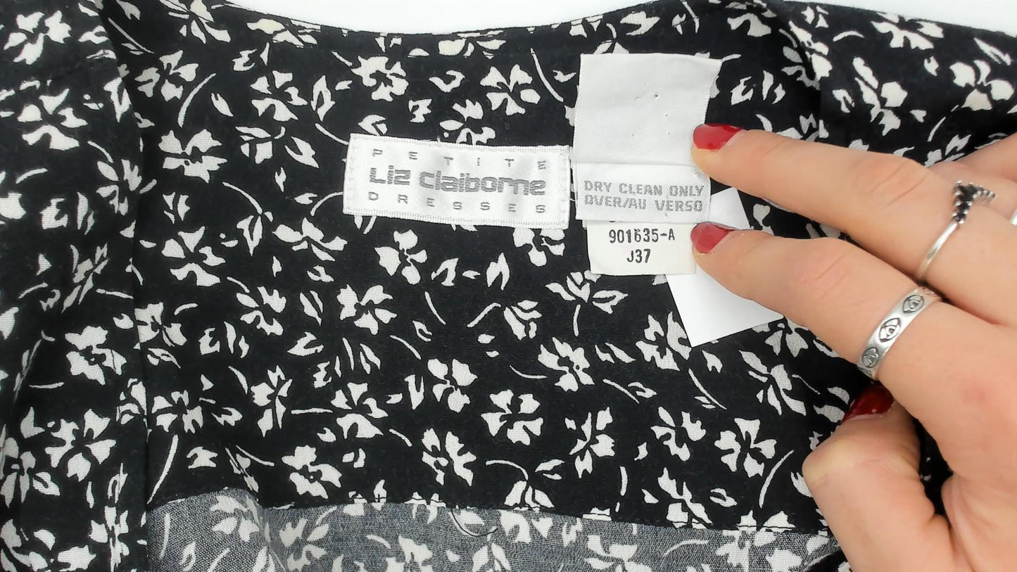 90s Liz Claiborne Black White Floral Midi Dress Double Breasted Large L