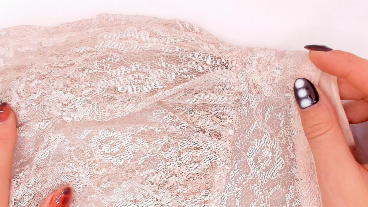1950s Blush Pink Sheer Lace Maxi Gown Puff Sleeve Corset Bodice Large L