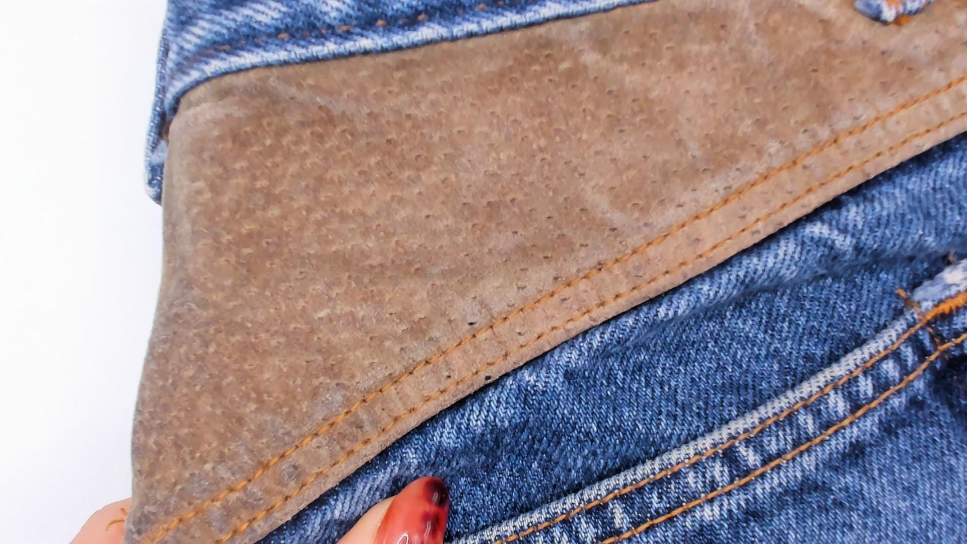 90s Kansas Brand Patchwork Denim Jeans High-Waisted Tapered Blue Suede Trim Small
