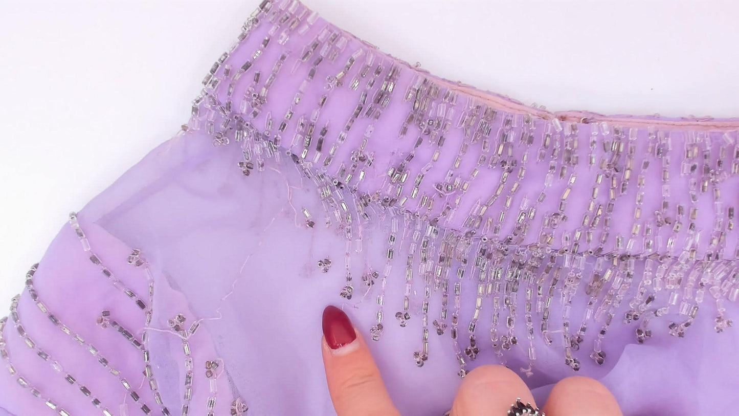 70s Lavender Chiffon Maxi Dress Beaded Bodice Bishop Sleeve Evening Gown Large L