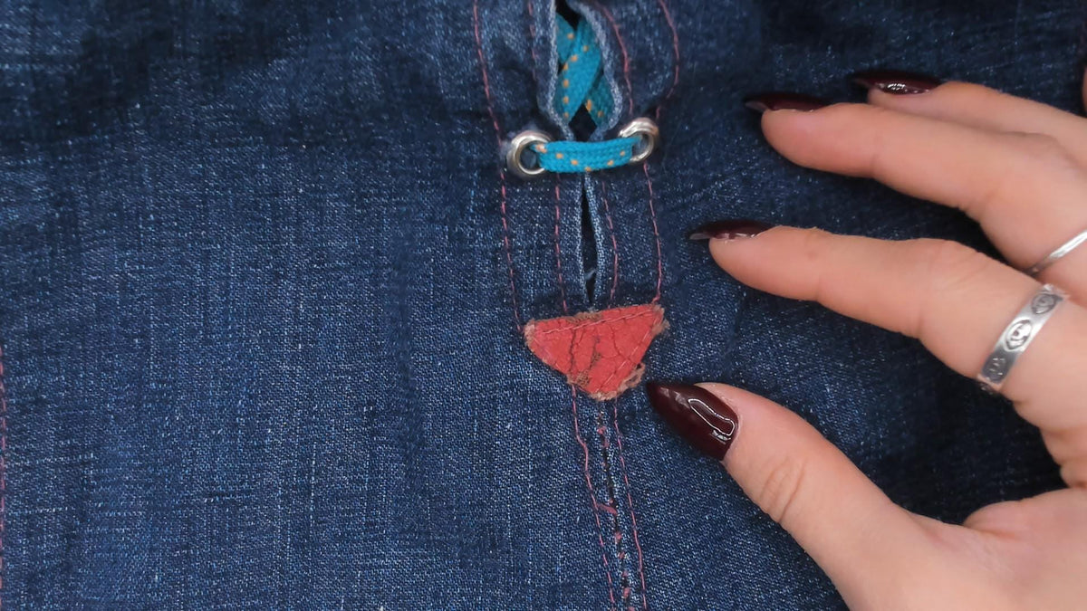 80s Blue Denim Wide Leg Shorts Red Fringe Lace Up Front Studded Medium M