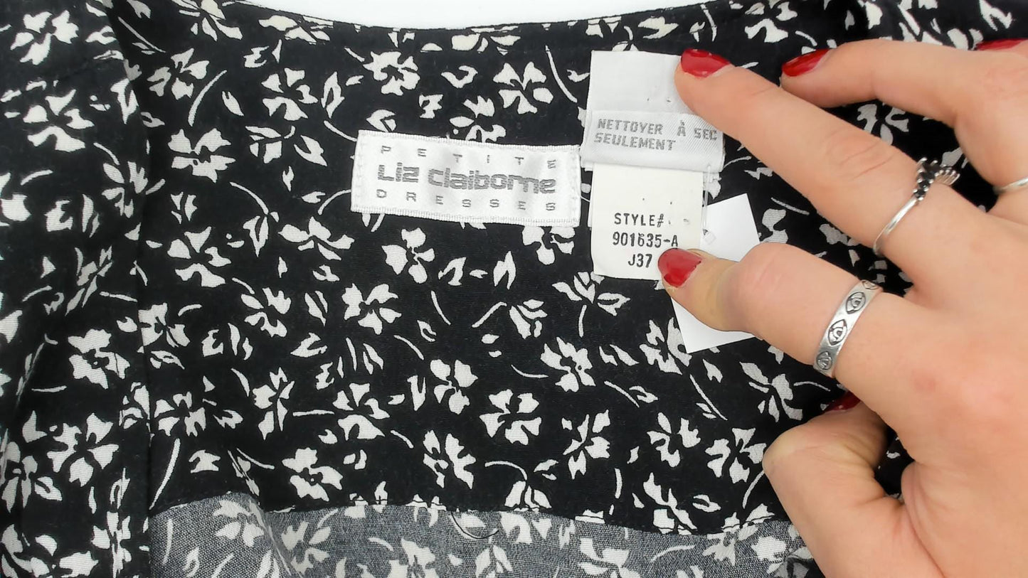 90s Liz Claiborne Black White Floral Midi Dress Double Breasted Large L