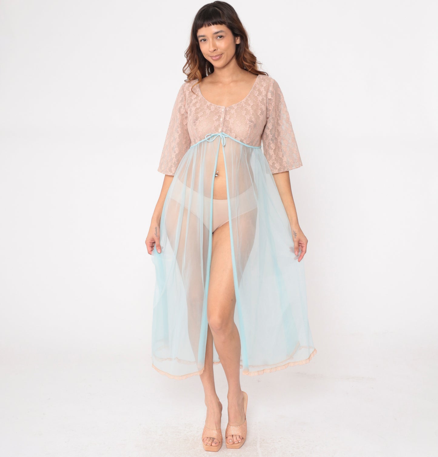 70s Sheer Nightgown Beige Lace Blue Chiffon Maxi Peignoir Empire Waist Tie Fairy Coquette Lingerie Robe Babydoll Vintage Romantic Small S